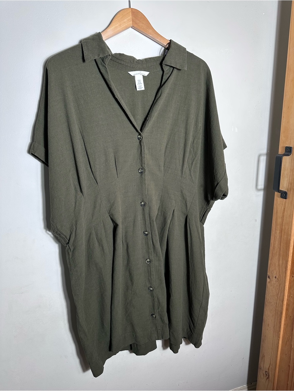 Linen Cotton Button-Front Short Sleeve Shirt Dress in Olive